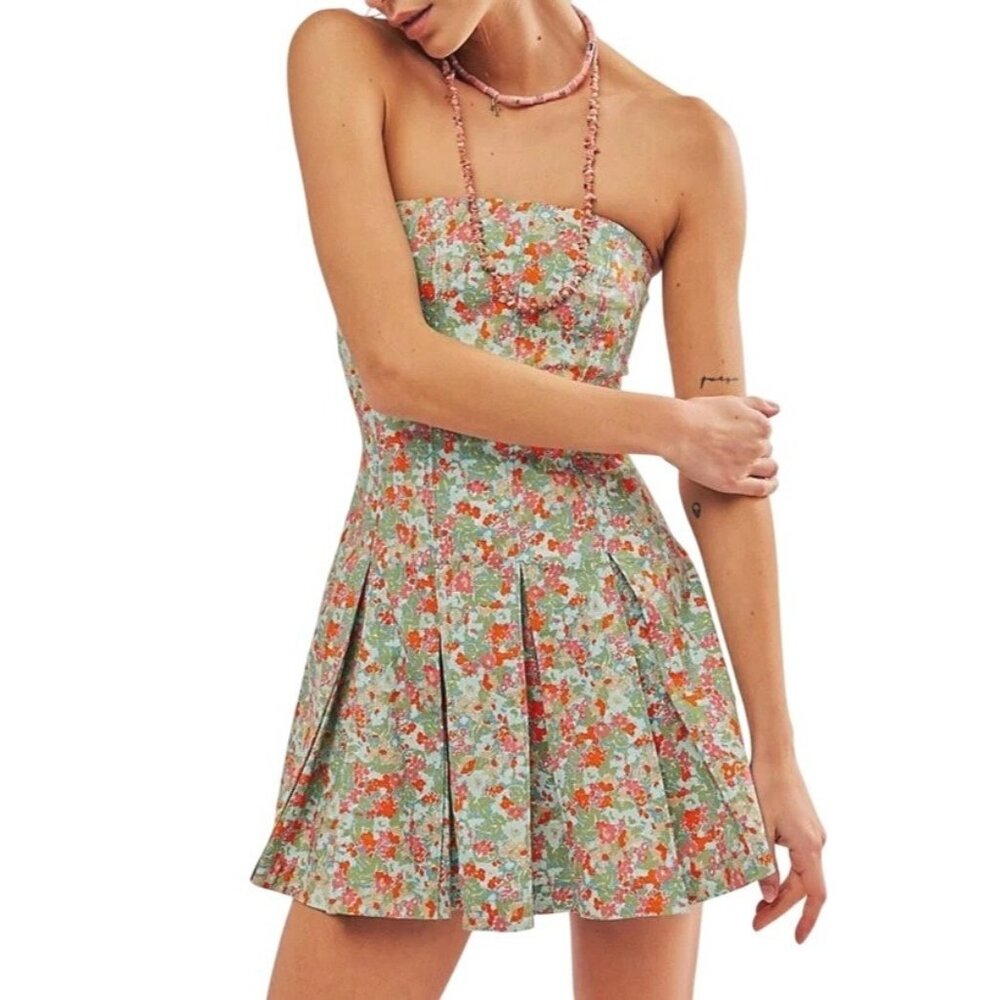 Free People Made Me Smile Strapless Floral Dress Pleated Skirt Button Back XL